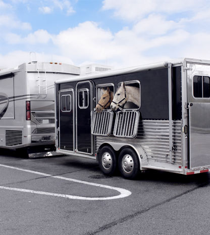 Horses in trailer being towed by RV